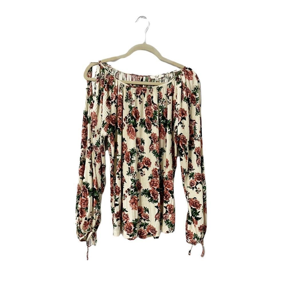 🟢Easel Pleated Ivory Floral Long Sleeve Blouse Shoulder Slit Tie Front M NWOT